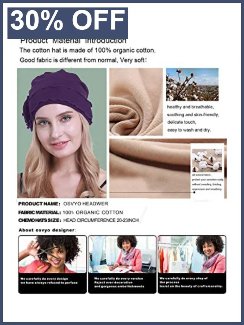 100% Cotton Turban Cap for Women Chemo Headwear Beanie Hair Loss